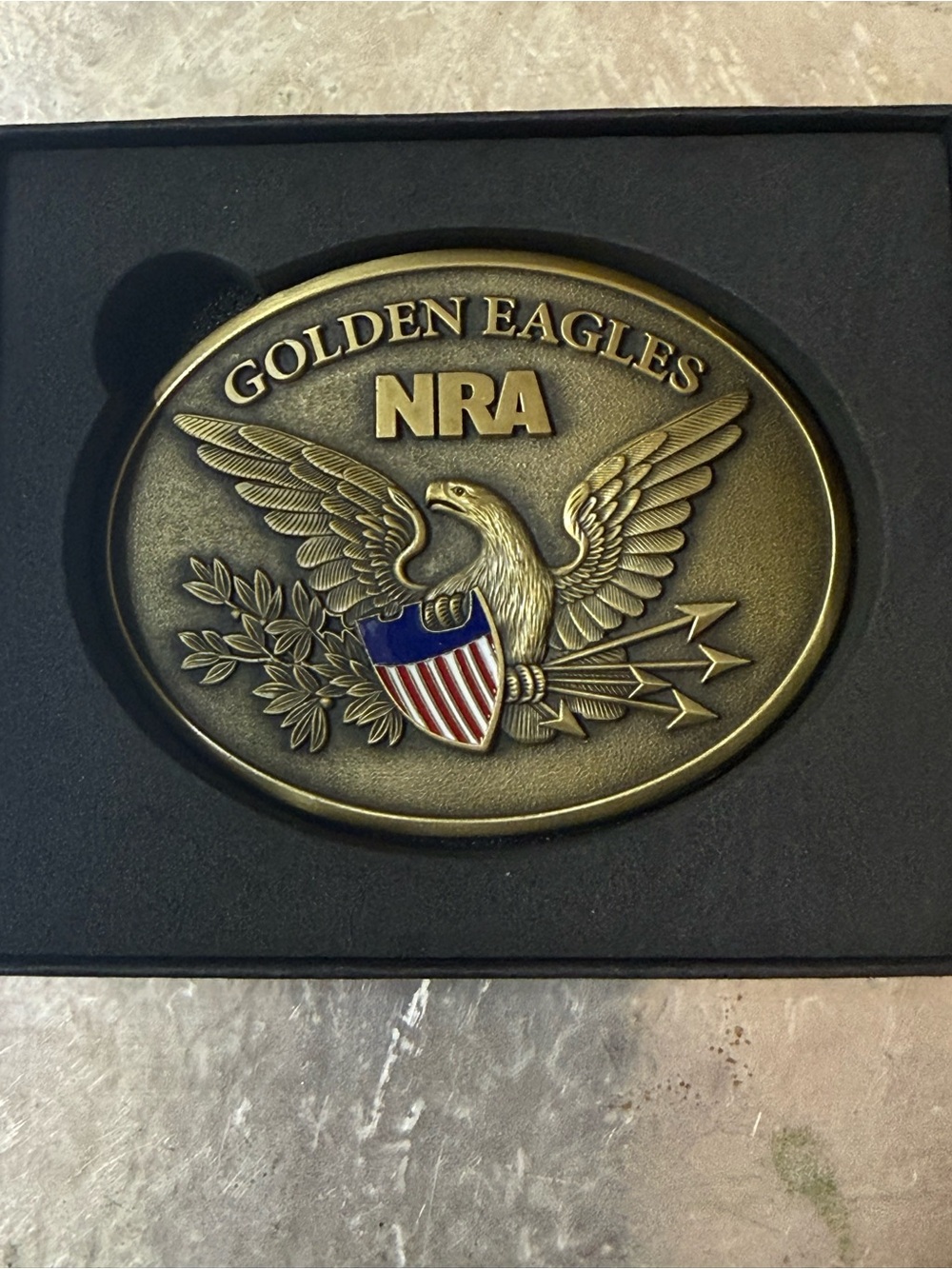 Golden Eagles NRA Brass Belt Buckle with American Shield